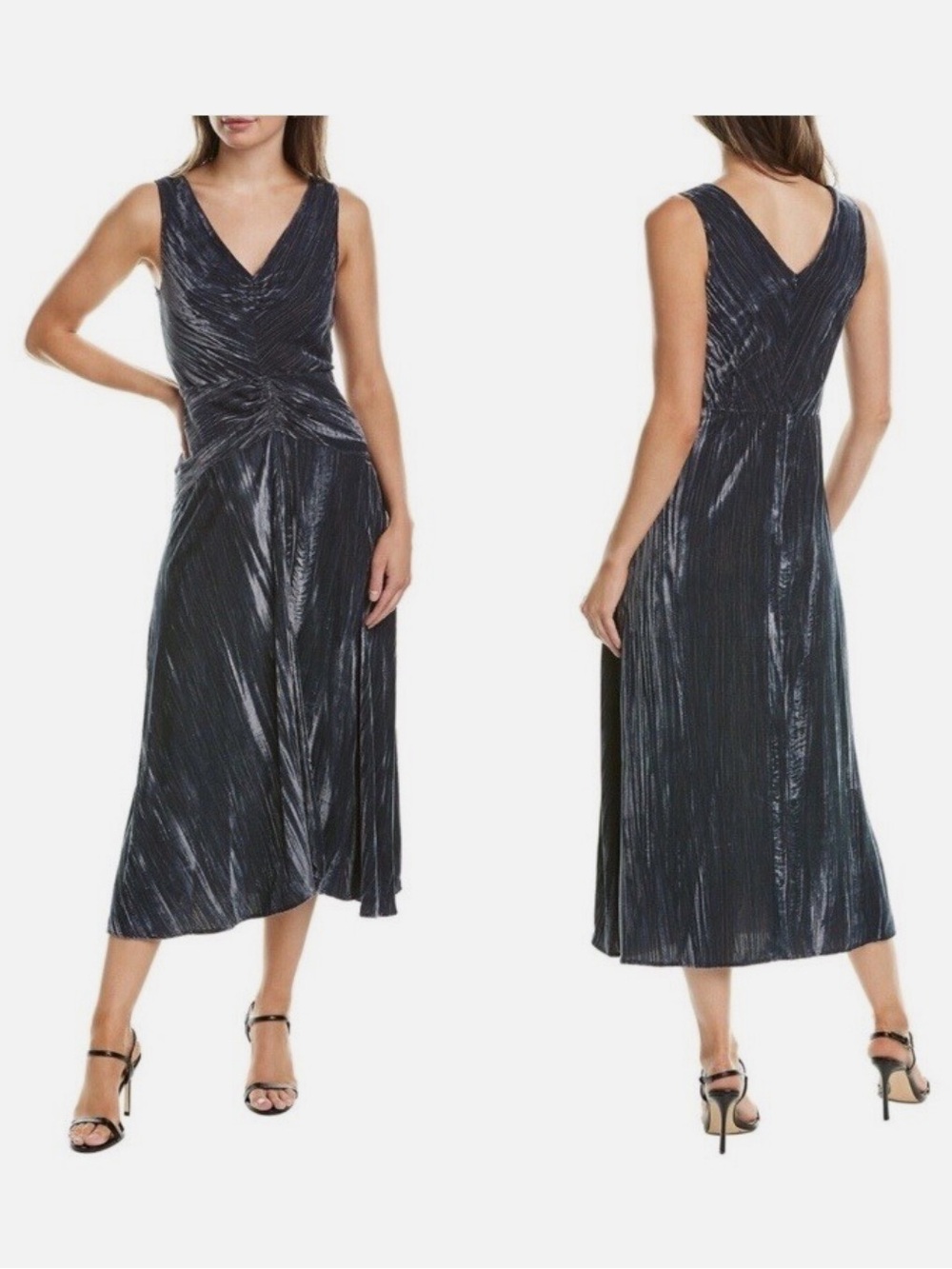 Vince Ruched Velvet V Neck Silver Blue Metallic Pleaded Midi Dress Size 0